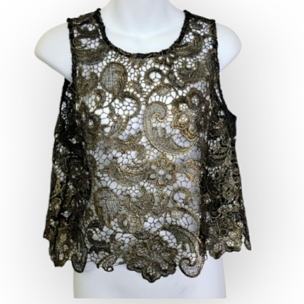 Nwot Sans Souci Gold And Black Top lace see through size L